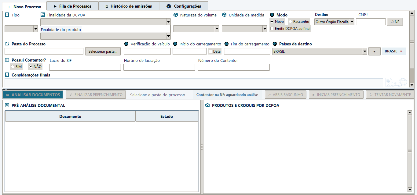 Tela de novo processo do NEXUS DCPOA
